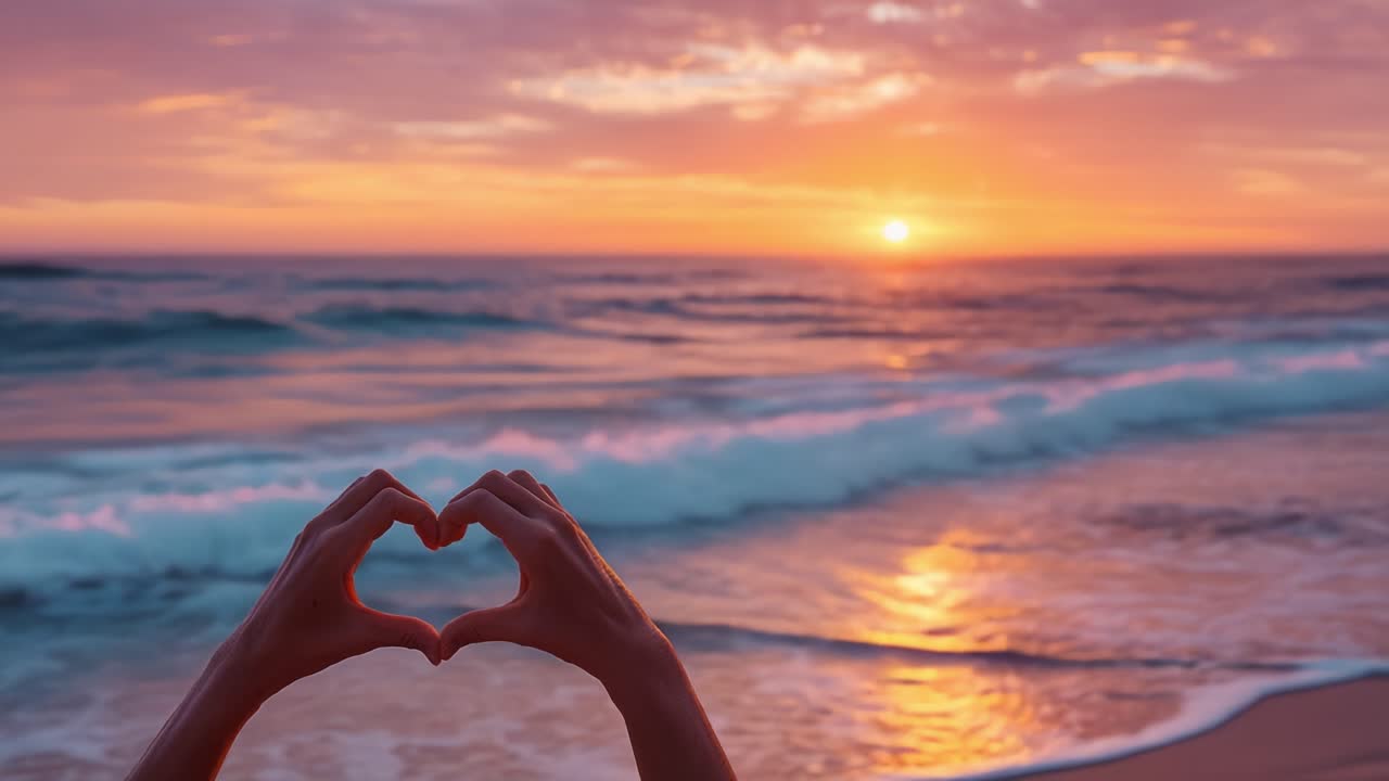 Un Bellissimo Tramonto Sull'Oceano Con Le Mani Che Formano Un Cuore, A Simboleggiare Amore E Connessione In Un Sereno Scenario Marittimo