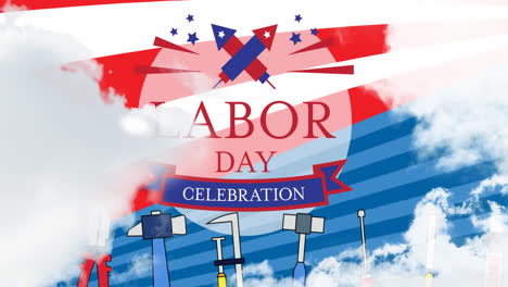 Animation-of-labor-day-text-over-tools,-red,-white-and-blue-of-flag-of-united-states-of-america