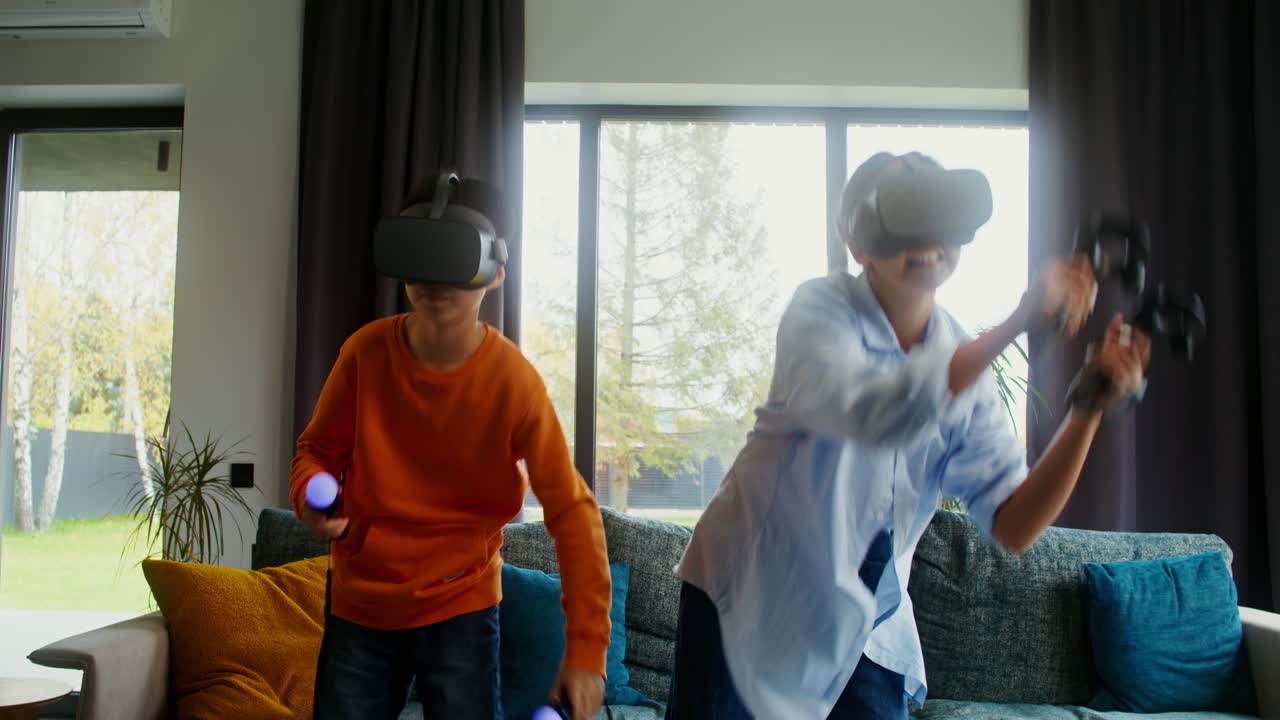 Siblings Enjoying Virtual Reality Gaming at Home