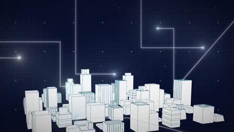 Animation-of-digital-city-over-light-trails-on-black-background