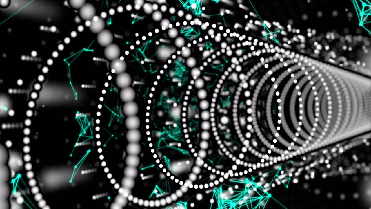 검은색 배경에  ⁇ 색 반점과 트레일의 애니메이션