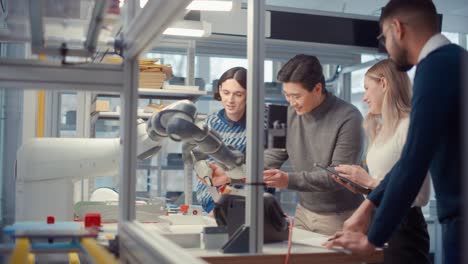 young specialists touch details of robotic hand and smile during discuss. engineers try to make jobs safer, easier and more efficient. professionals work on autonomous facility optimisation. slow mo