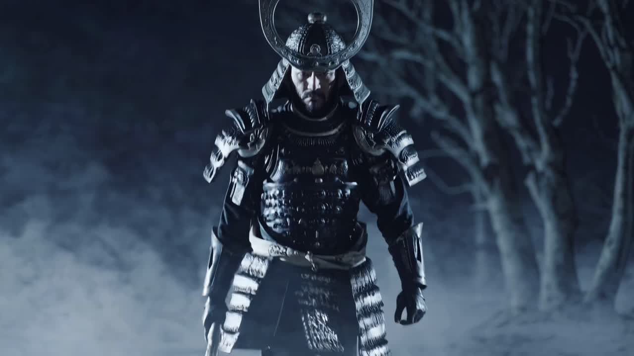 A dramatic video scene of a samurai in armor, shot from a low angle