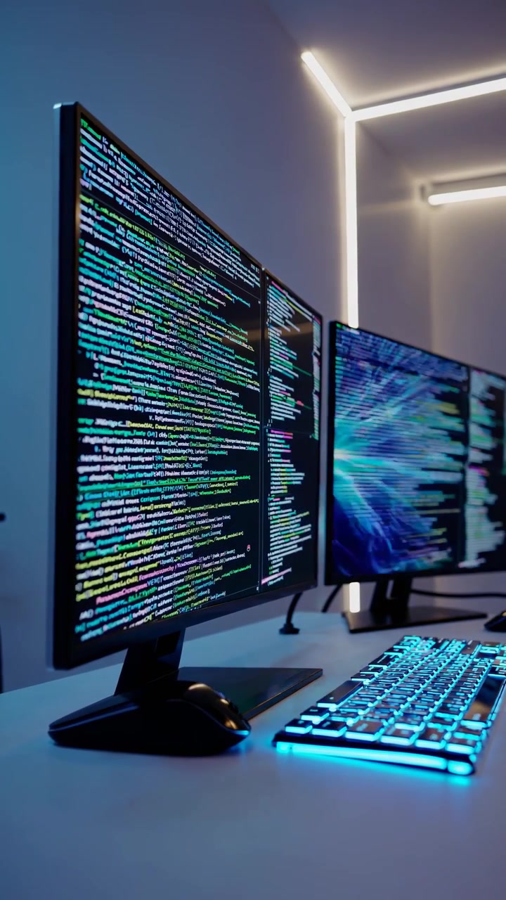 Modern Desk Setup with Glowing Keyboard and Screens Displaying Code and Abstract Data