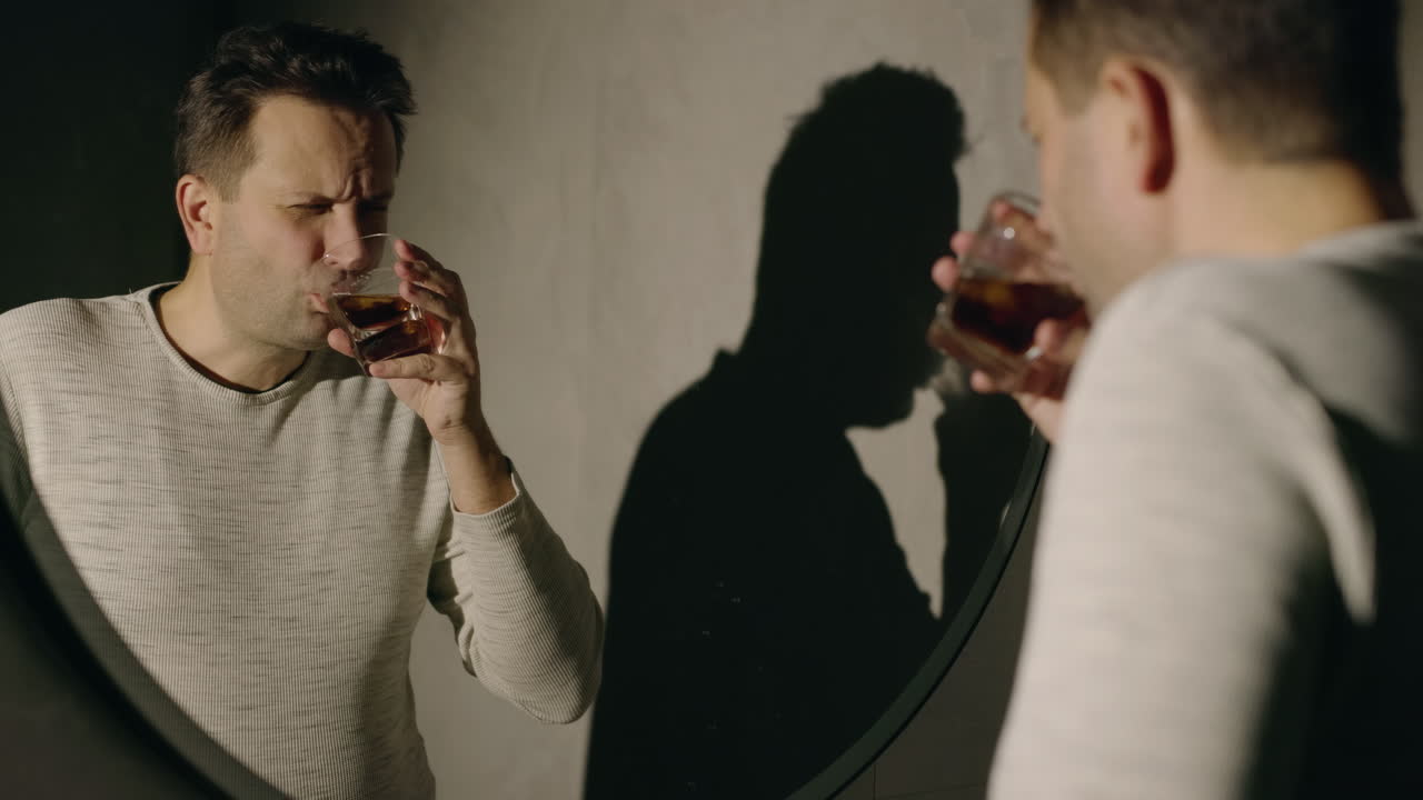 거울 앞에서 혼자 술을 마시는 남자
