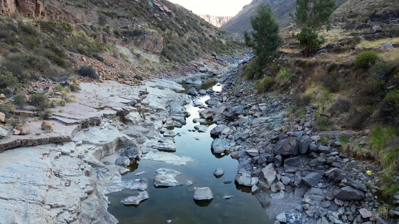 Aerial 4K footage of a high Andean valley carved by a winding river. Jagged peaks rise on either side beneath crisp mountain light