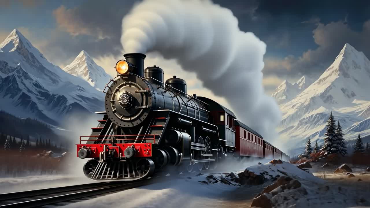 A vintage steam train moves through snowy mountains, captured from a low-angle, cinematic style
