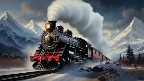 a vintage steam train moves through snowy mountains, captured from a low-angle, cinematic style