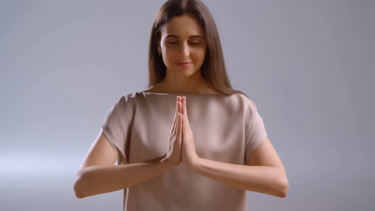 Caucasian Woman Namaste Pose Serene Studio. Soft Even Lighting Sculpts Calm Facial Expression And Relaxed