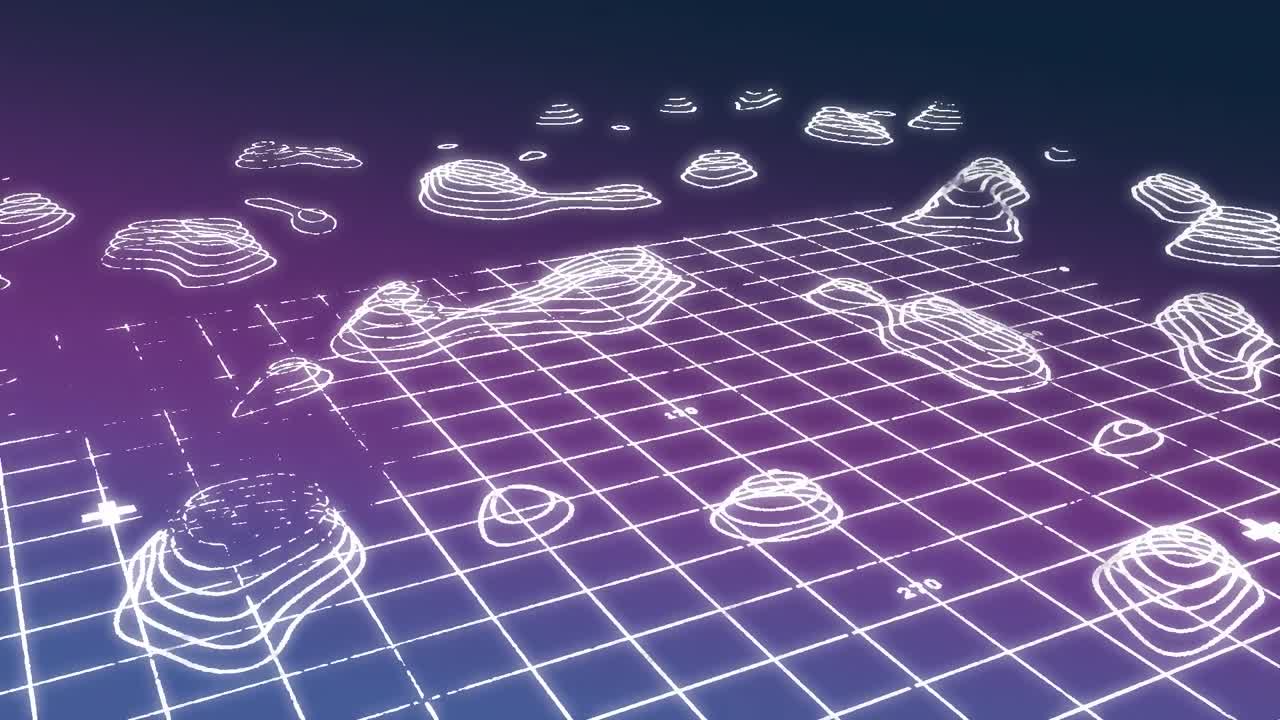 보라색 배경에  ⁇ 색 그리드 위의 절벽의 애니메이션