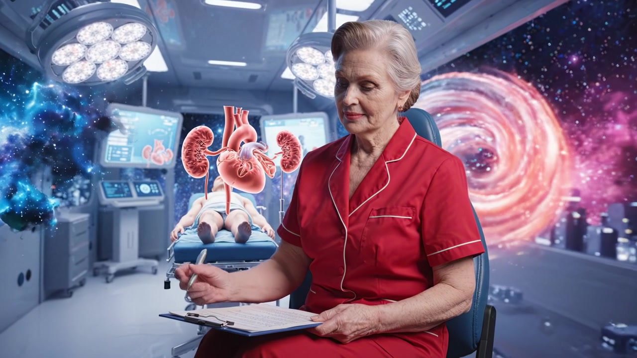 Medical professional in red scrubs meticulously documenting patient details in a futuristic hospital with advanced technology and anatomical visuals in the background.