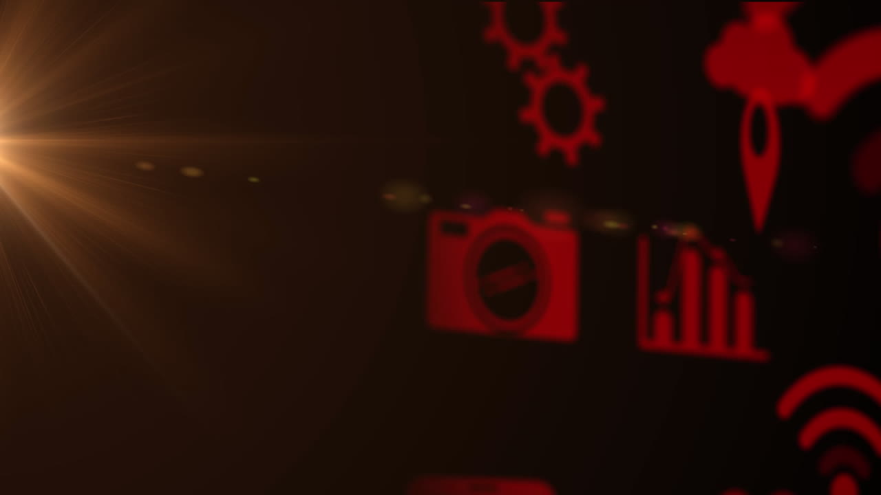 animación de iconos digitales flotando sobre un fondo marrón