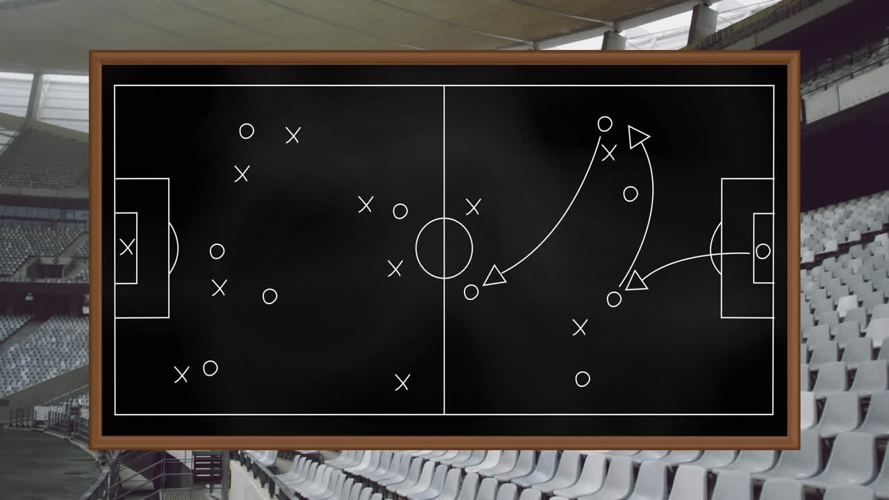 Digital animation of soccer field layout against sports stadium in background