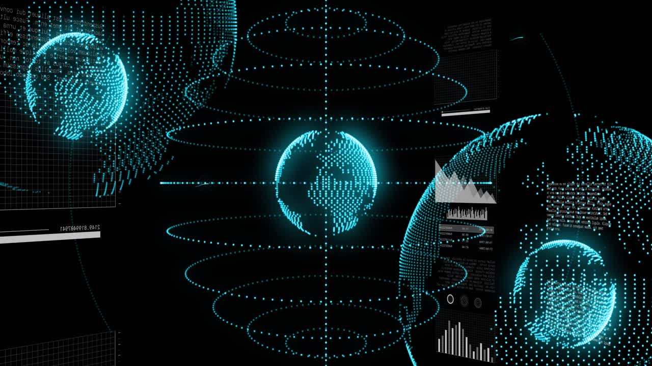 Monitor cloud icon appearing over central globe, cyan globes and HUD scaling, sliding, showing data