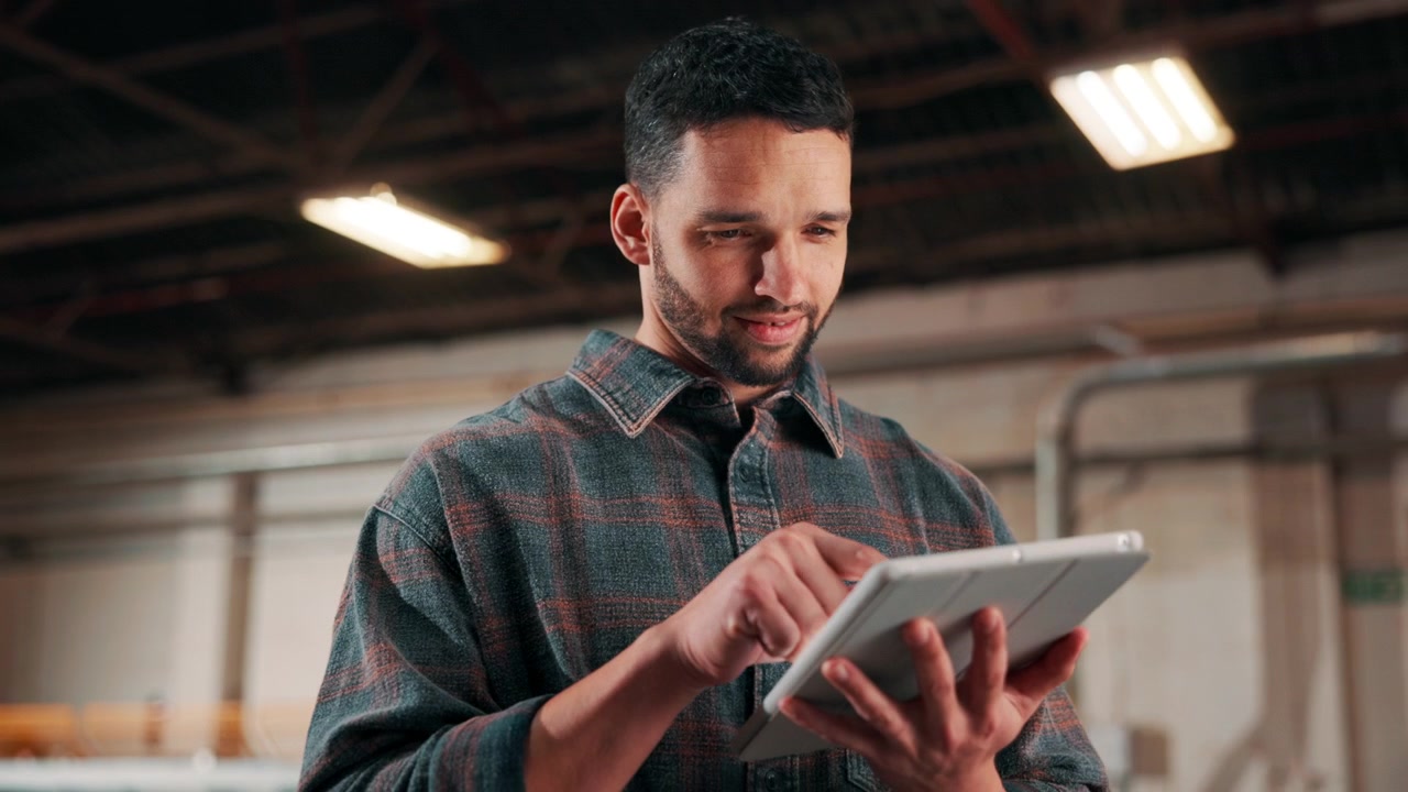 Young Man Using Tablet in Industrial Warehouse Setting