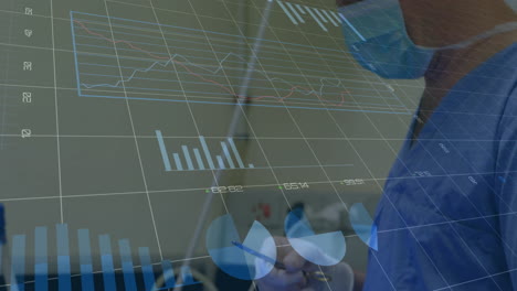 animation of statistics and data processing over caucasian male surgeon