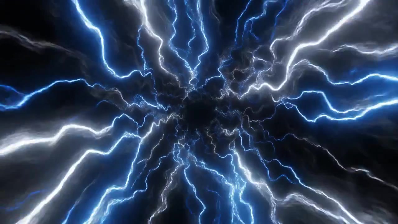 Abstract Tunnel of Glowing Blue Lightning Bolts