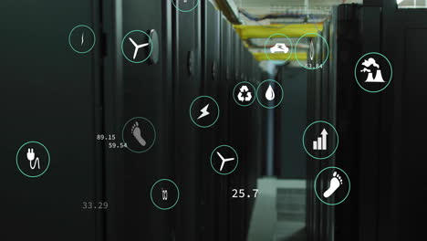 animation of eco icons and digital data processing over computer servers