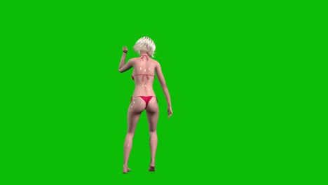 3D-weibliche-Figur,-Frau-Mit-Blondem-Haar-Und-Nasser-Haut,-Trägt-Rote-Bikini-Badebekleidung-Und-Sonnenbrille,-Tanzt-Im-Doogie-Stil-Auf-Grünem-Bildschirm,-3D-Animation,-Rückansicht