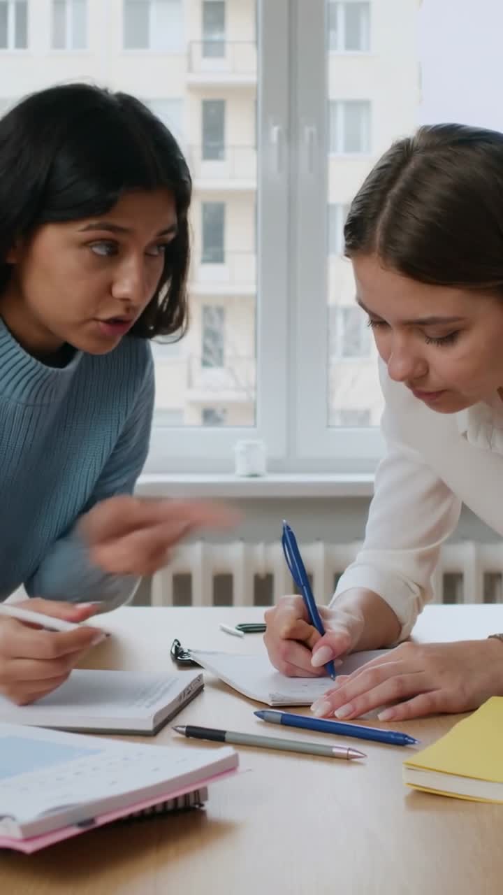 Video verticale: Quaderni che si aprono, due donne che scrivono a una scrivania vicino alla finestra, in maglione e camicetta, con penne.
