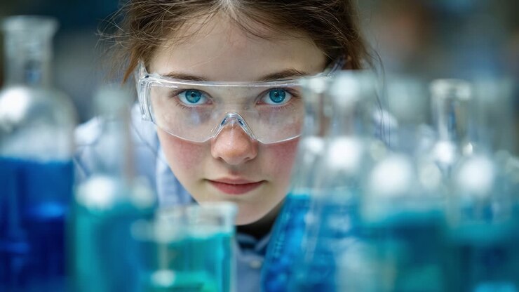 Uma menina investiga atentamente tubos de ensaio e frascos coloridos cheios de líquidos azuis vibrantes, mostrando sua curiosidade e paixão pela ciência em um ambiente de laboratório