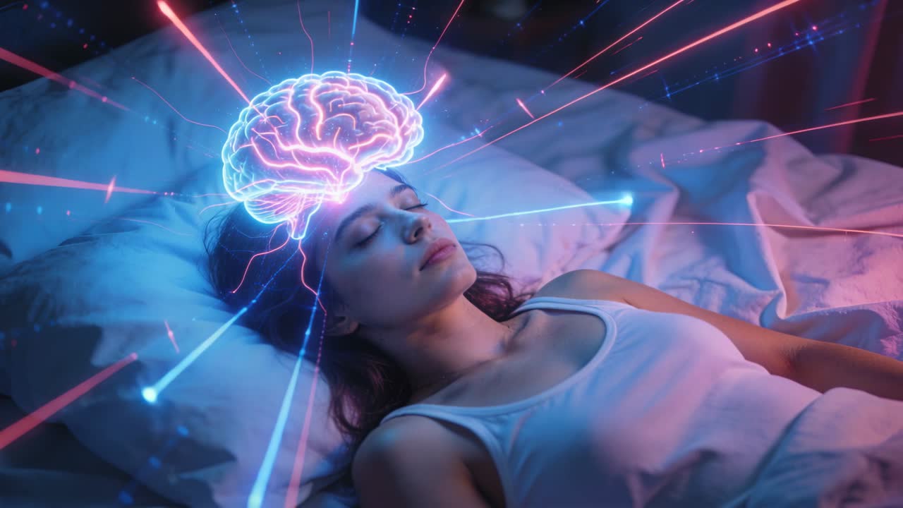 一名穿著白色背心的女子，夜晚在床上熟睡，霓虹色的腦部發出光線，暗示她正在發夢。