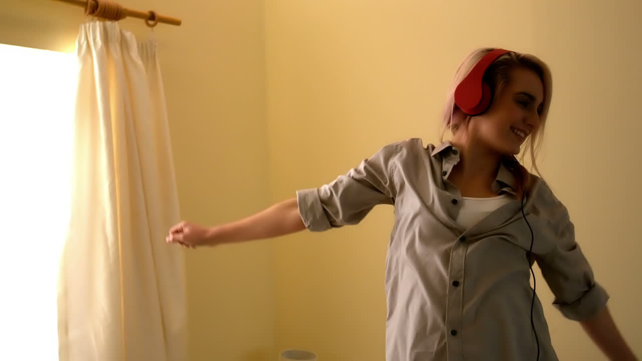 una joven rubia bailando en su dormitorio.