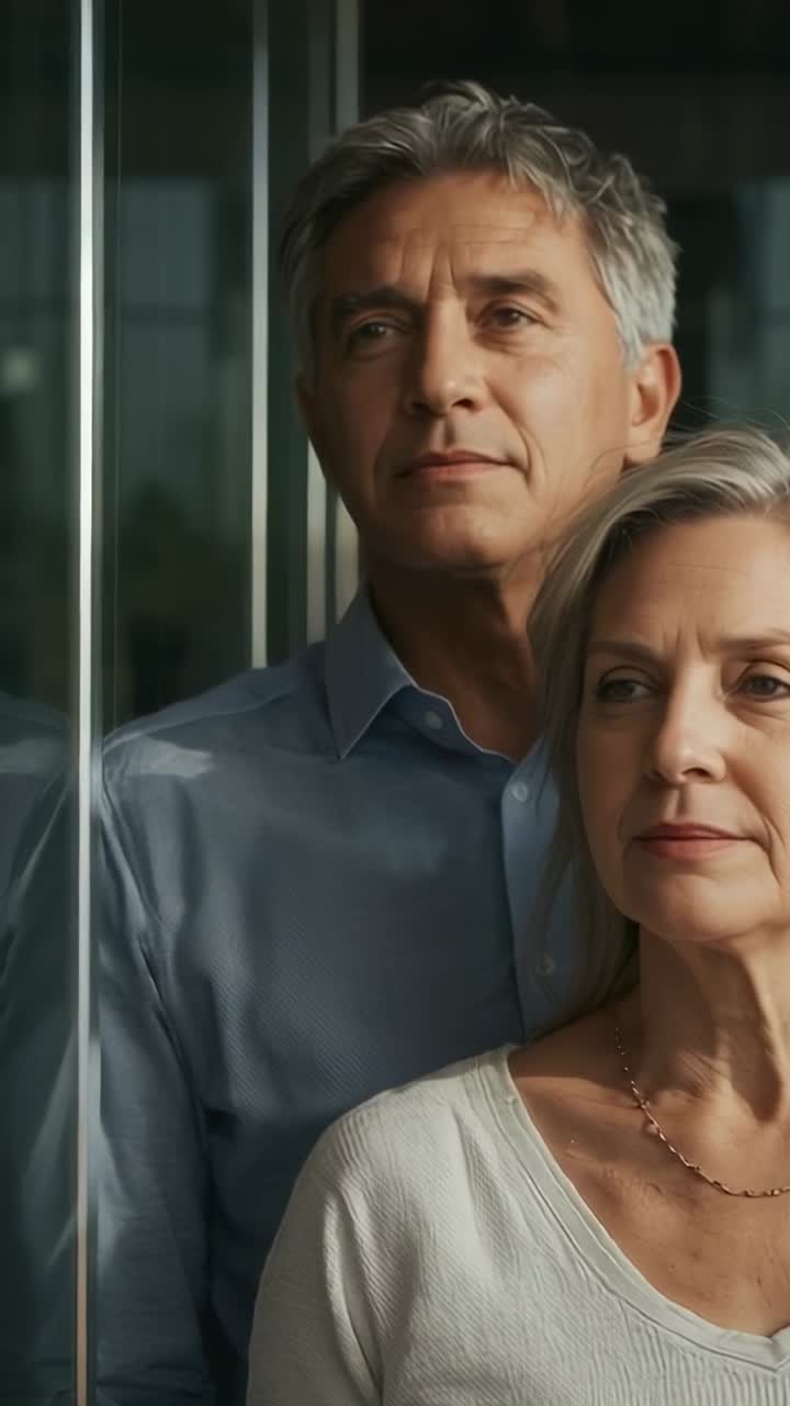 Vertical video: Holding older pair posing by glass frame, camera rolling, in blue shirt, gold chain