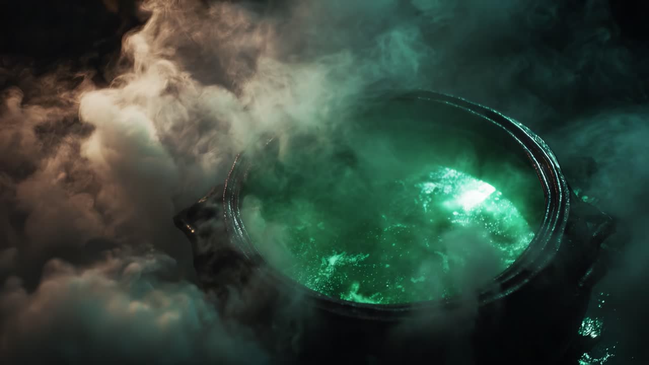 Mysterious Cauldron Emitting Enigmatic Green Vapor Surrounded by Ethereal Smoke Creating an Atmosphere of Intrigue and Magic