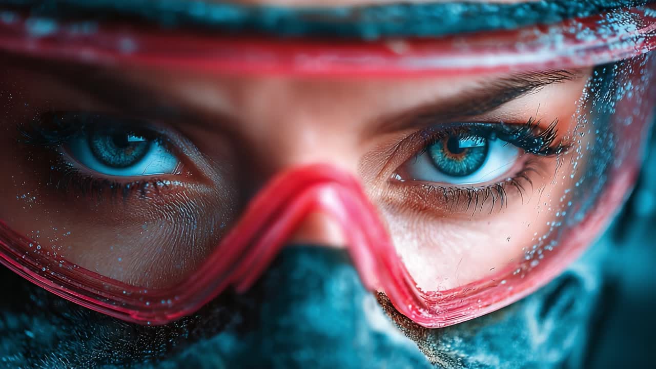 Intense Focus: Close-Up of a Female Snow Sports Enthusiast in Protective Gear with Striking Blue Eyes and a Determined Expression Under a Layer of Snow