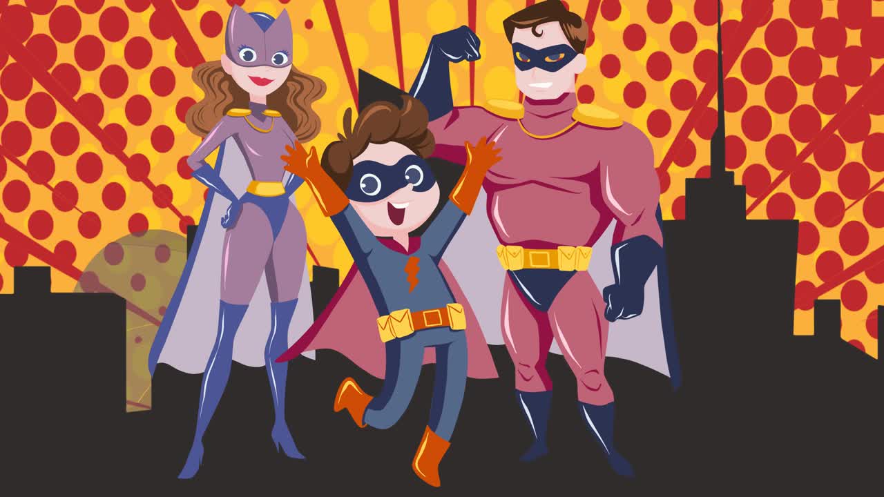 노란색 배경에  ⁇ 안고 있는 슈퍼히어로 가족의 애니메이션