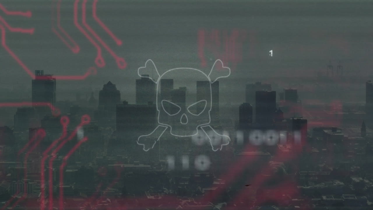Digital skull and crossbones floating over skyline, showing glitchy circuit traces and binary code