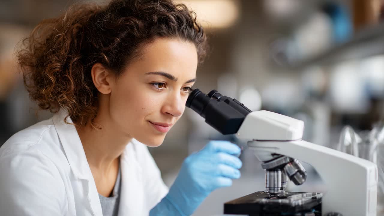 Ricercatore concentrato che analizza campioni al microscopio in un ambiente di laboratorio moderno, dimostrando dedizione alla ricerca scientifica e alla scoperta nel campo delle scienze biologiche