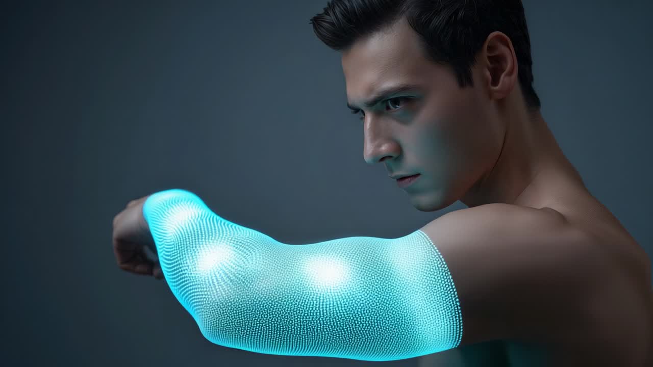 Mesh ciano in fase di attivazione, uomo a torso nudo esamina l'avambraccio destro in uno studio grigio con tre nodi