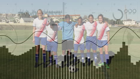 soccer team posing on field with data visualization animation over image