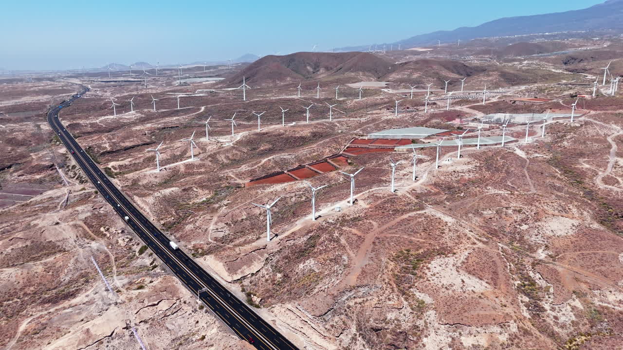 Aerial view of Tenerife wind farm with desert landscape