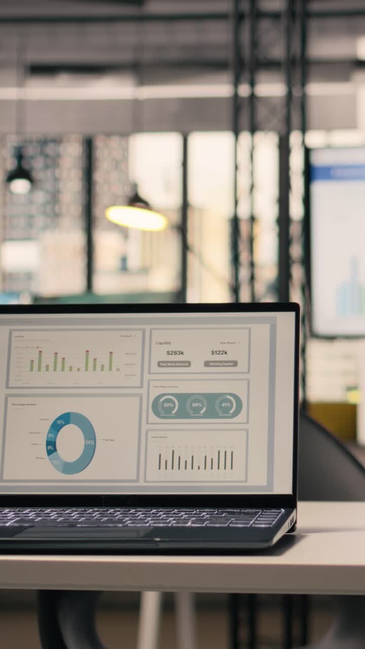 Vertical Video Business KPIs shown on screen in empty executive office setup, work environment