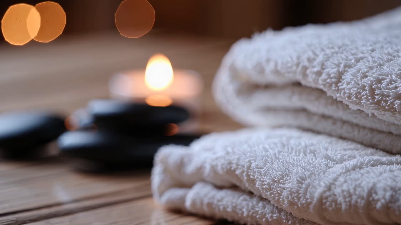 Close-up video of folded white towels and smooth stones on a wooden surface, with a soft-focus