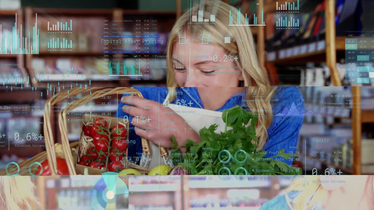 Camera rising, woman gripping basket handle and checking produce, HUD charts tracking retail budget