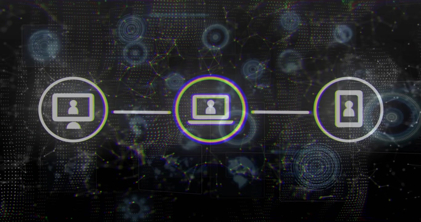 Upon circular monitor icon appearing, line extending to laptop or mobile icons, grid pulsing for syn