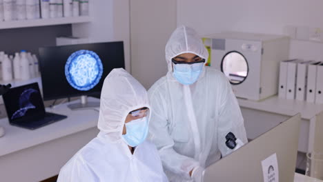 Scientist-team-in-laboratory,-PPE-and-computer