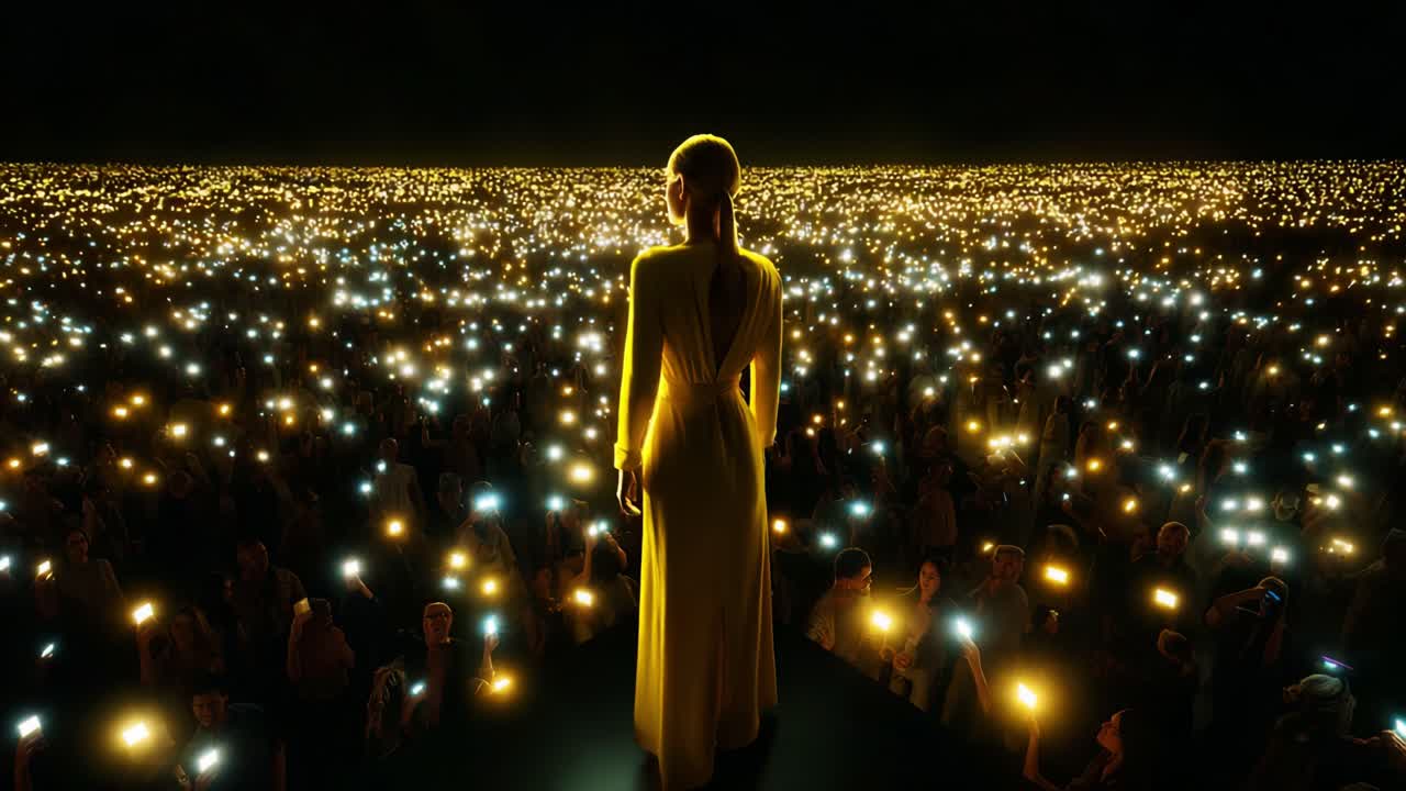 A Dazzling Night Spectacle: The Radiant Figure in Yellow Captivates an Enraptured Crowd Illuminated by Distant Lights, Creating a Dreamlike Scene of Excitement and Anticipation Amidst the Darkness