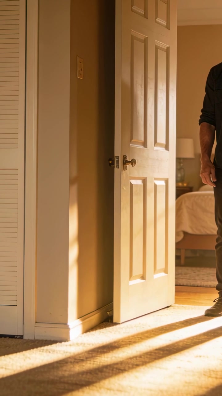 Vertical video: Door opening, man entering bedroom, standing at doorway in dark shirt, copy space