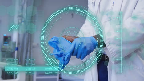 animation of scope scanning and data processing over african american female doctor in hospital