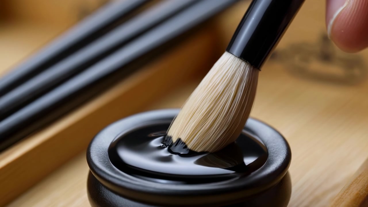 Primo piano della punta di un pennello da calligrafia che aleggia sopra una pietra d'inchiostro nera su una superficie di legno, con pennelli sfocati sullo sfondo e illuminazione morbida da studio