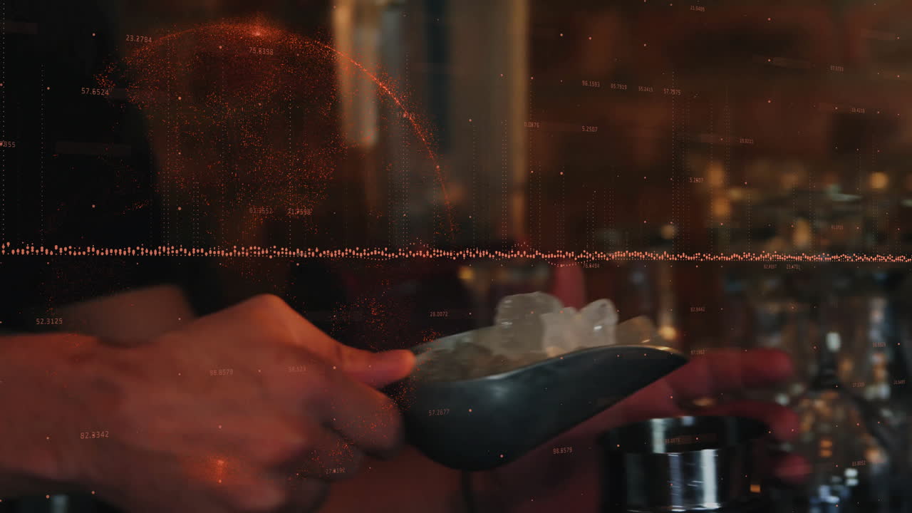 bartender hands scooping ice over metal jigger, with bar technology overlays floating