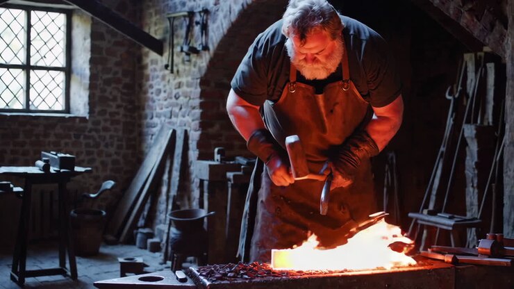 Fabbro al lavoro in una fucina storica