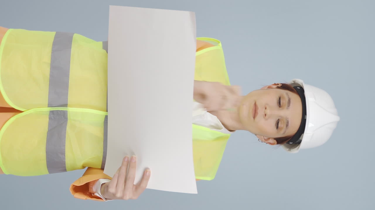 직무와 관련된 계산을 하는 엔지니어의 수직 비디오입니다.