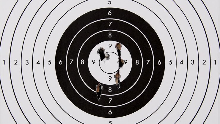 Black and white, shooting at a cardboard target with bullet holes