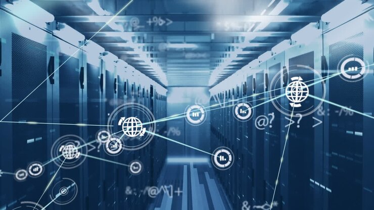 Animation of network of connections with icons over computer server